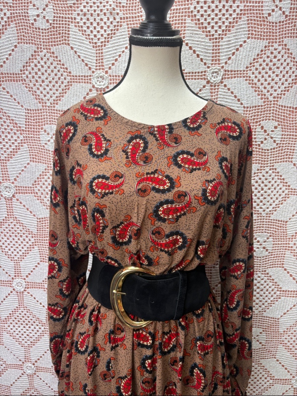 Vintage Paisley Maxi Dress Brown Red Boho Flowy One Size - Picture 2 of 10